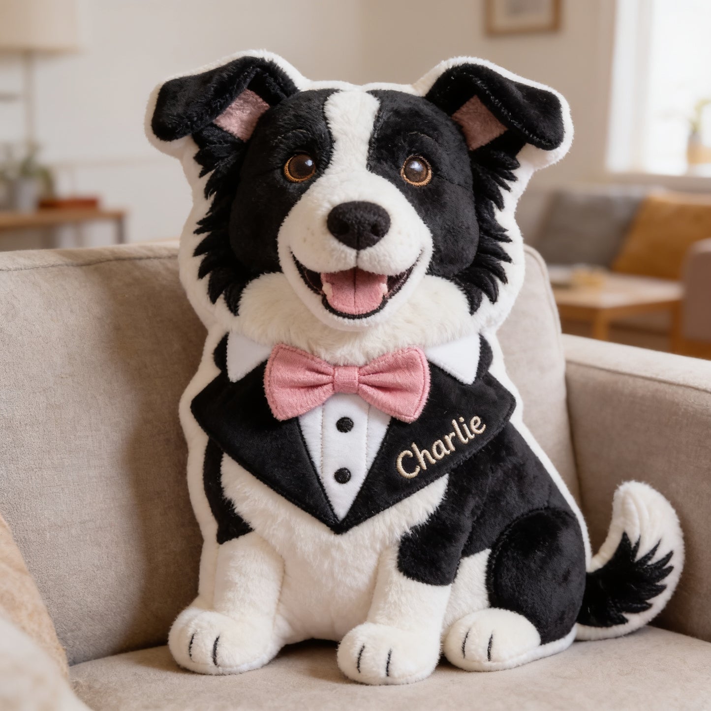 Personalized Black and White Border Collie Faux Fur Shaped Pillow, Custom Dog Lover Home Decor Gift