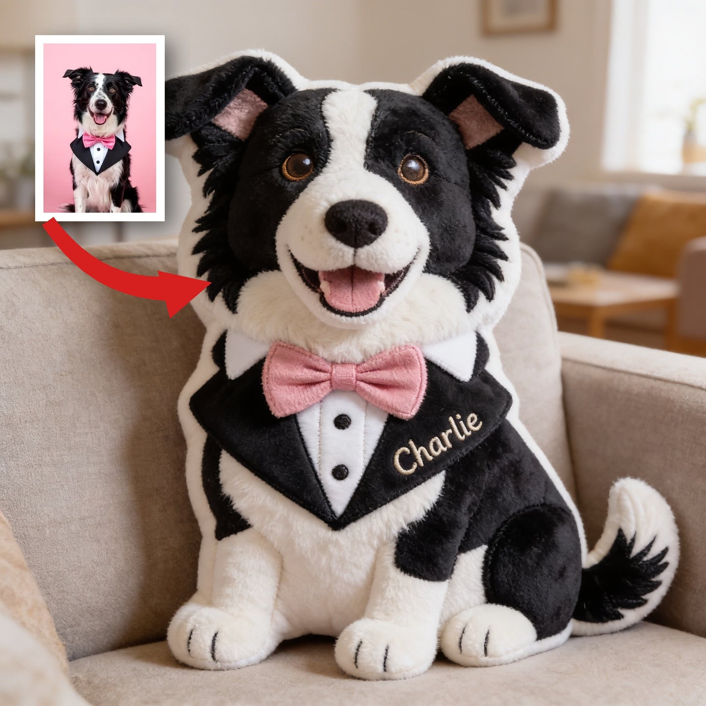 Personalized Black and White Border Collie Faux Fur Shaped Pillow, Custom Dog Lover Home Decor Gift
