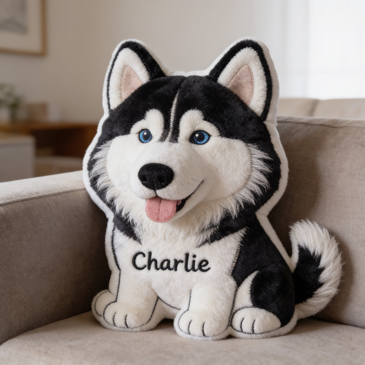 Personalized Blue Eyed Siberian Husky Faux Fur Shaped Pillow, Custom Dog Lover Home Decor Gift