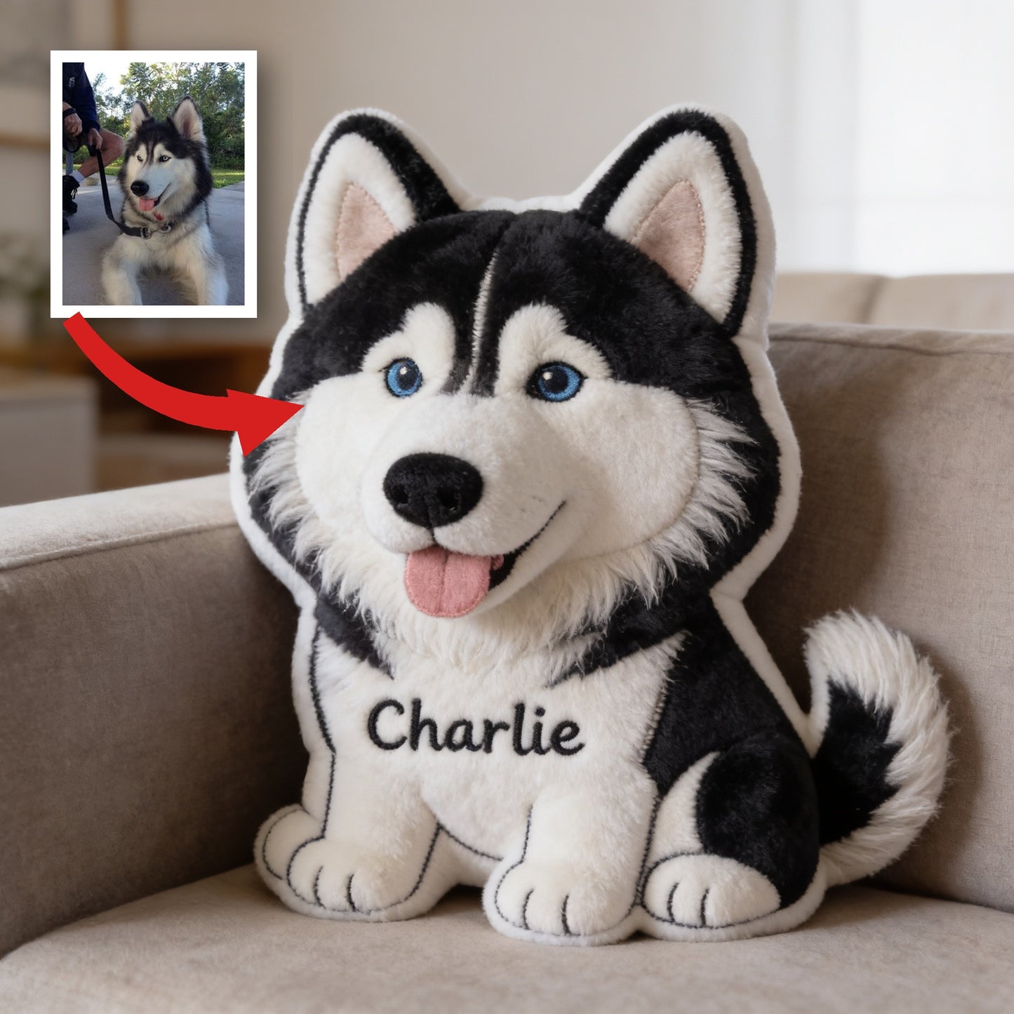 Personalized Blue Eyed Siberian Husky Faux Fur Shaped Pillow, Custom Dog Lover Home Decor Gift
