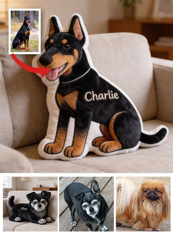 Personalized Sitting Doberman Pinscher Faux Fur Shaped Pillow Custom Gift For Dog Lover Home Decor