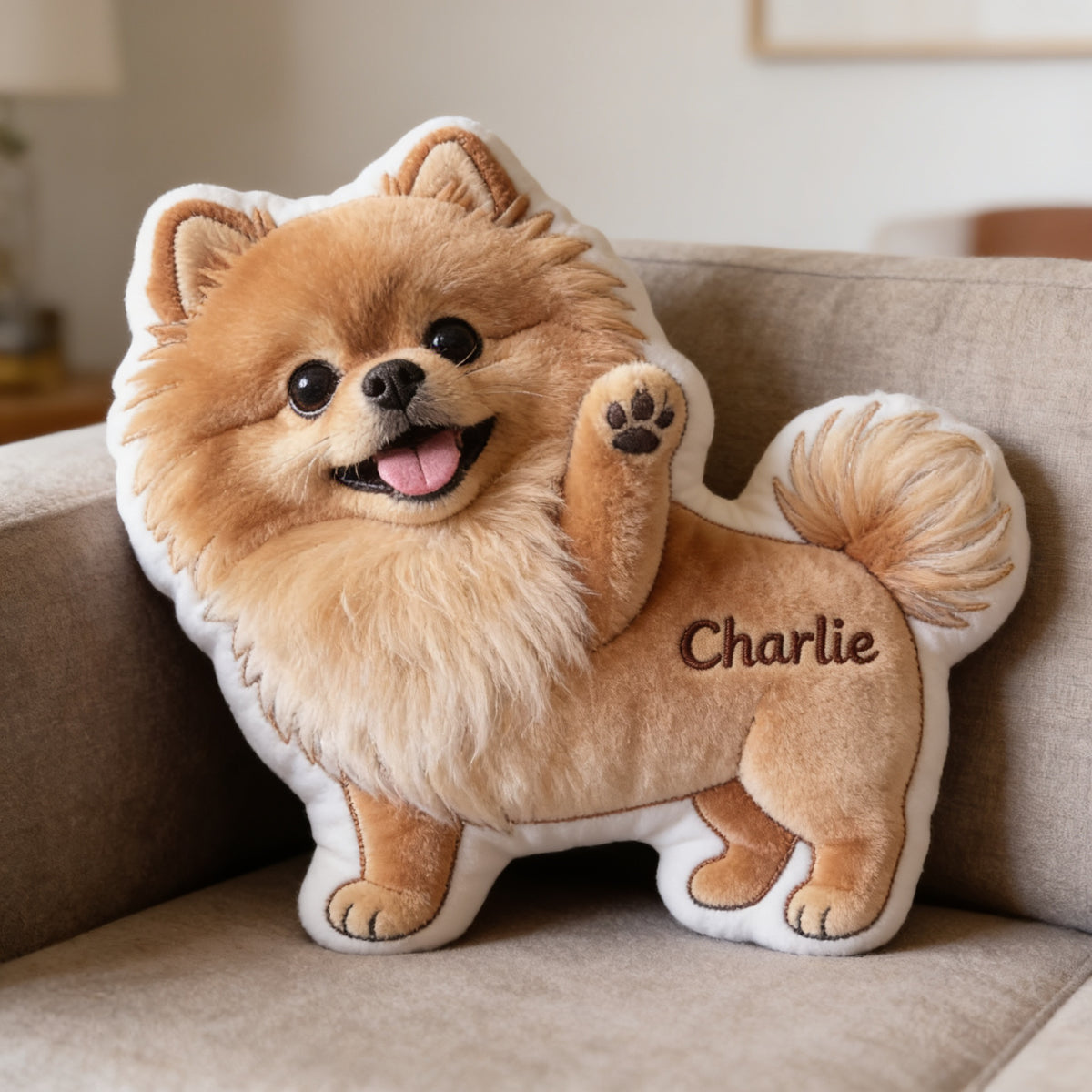 Custom Fluffy Tan Pomeranian Shaped Faux Fur Pillow Personalized Dog Lover Gift Cozy Home Decor