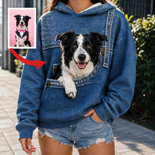 Hoodie Imprimé Poche Faux Border Collie, Cadeau Personnalisé pour Propriétaire de Chien