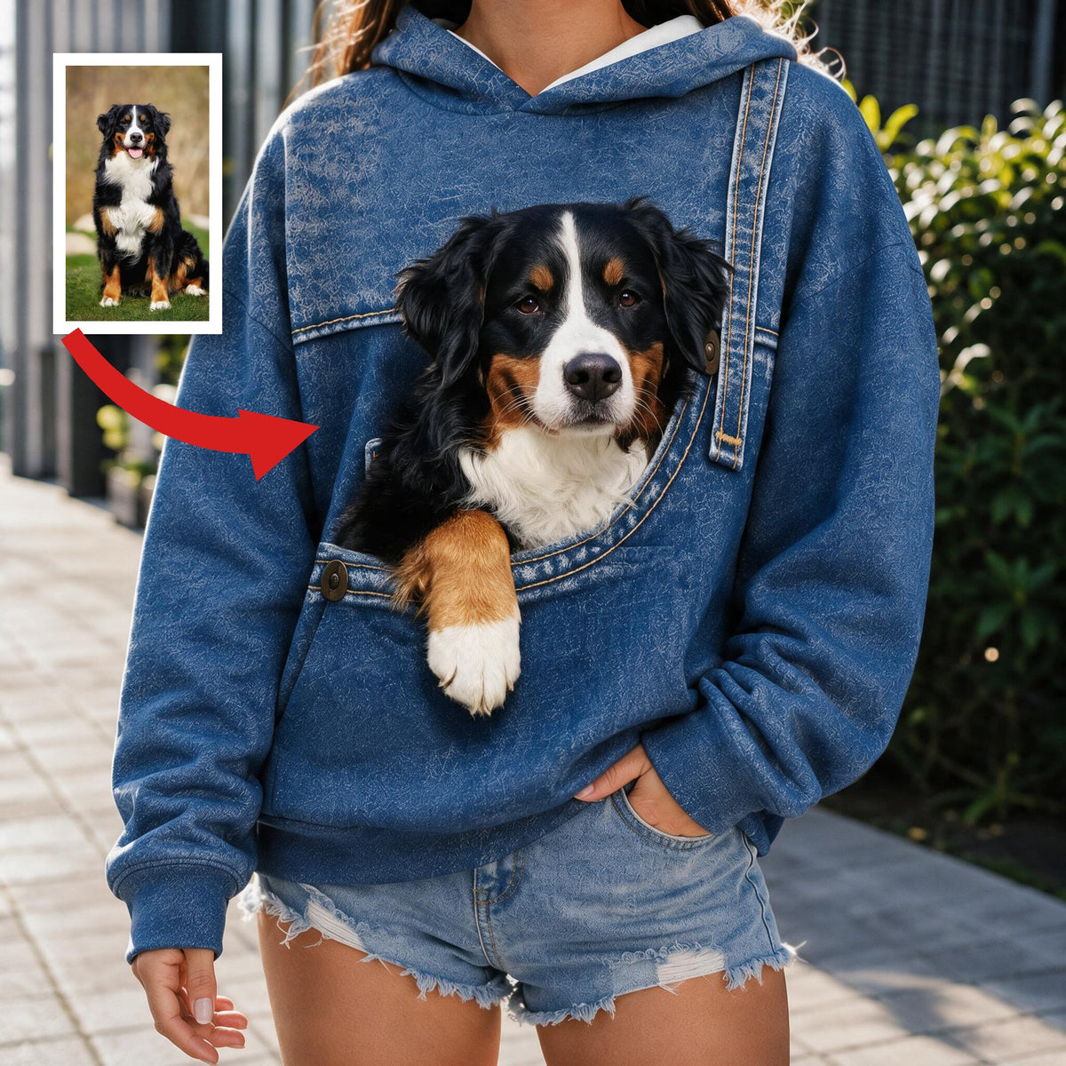 Personalized Tri-Color Australian Shepherd Faux Pocket Print Hoodie, Great Gift for Australian Shepherd Dog Owners