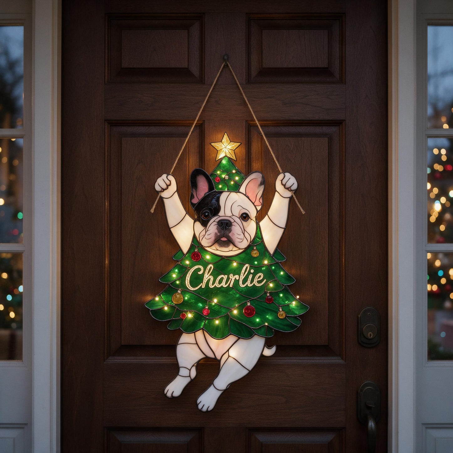 Fröhliches kleines Clinger personalisiertes Englisch Bulldog Weihnachten LED Acrylzeichen, festliche hängende Feiertagsdekoration Geschenk für Hundebesitzer