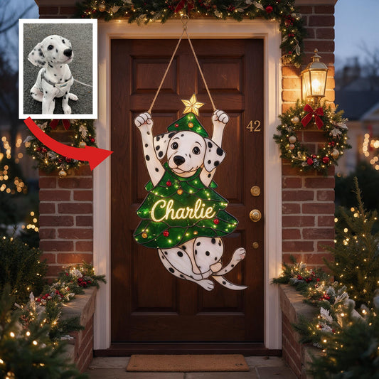 Niedliches personalisiertes LED-Acrylschild mit Dalmatiner zu Weihnachten, festliche Türdekoration für Hundeliebhaber