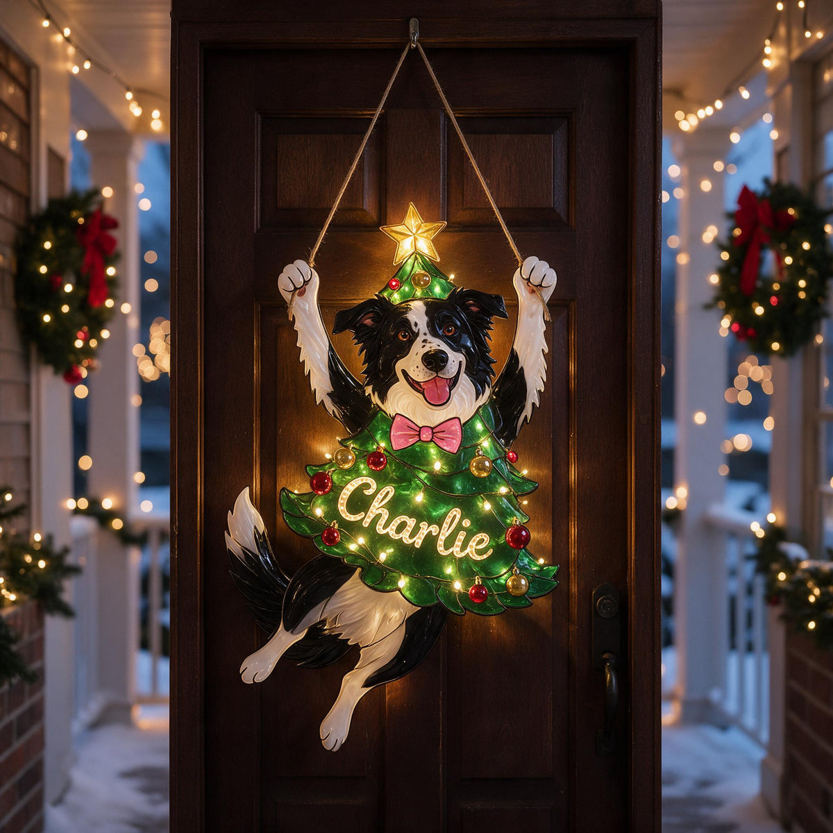 Personalisierte Schwarz-Weiß Border Collie Weihnachts-LED-Acrylschild, süßes Geschenk für Hundeliebhaber