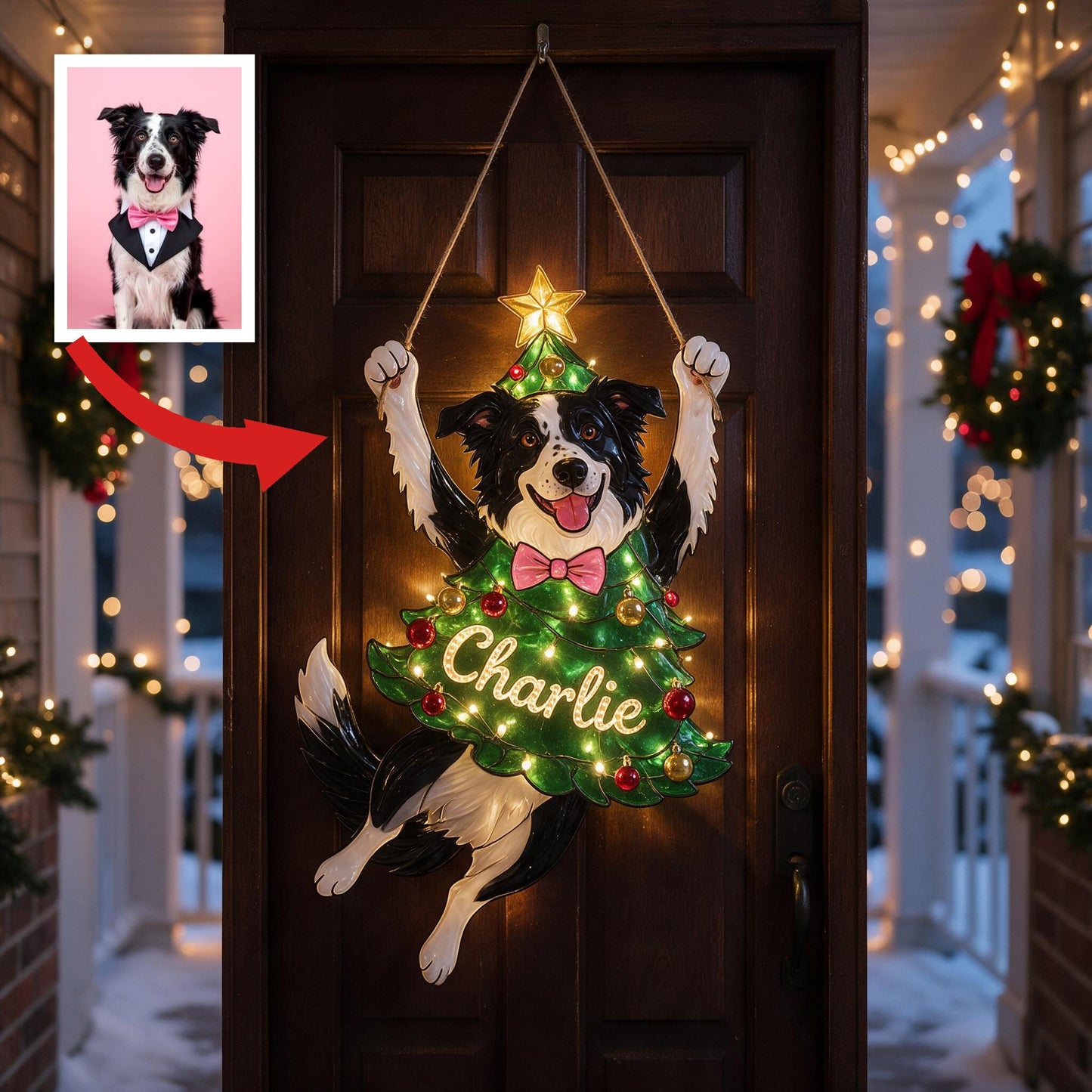 Personalisierte Schwarz-Weiß Border Collie Weihnachts-LED-Acrylschild, süßes Geschenk für Hundeliebhaber
