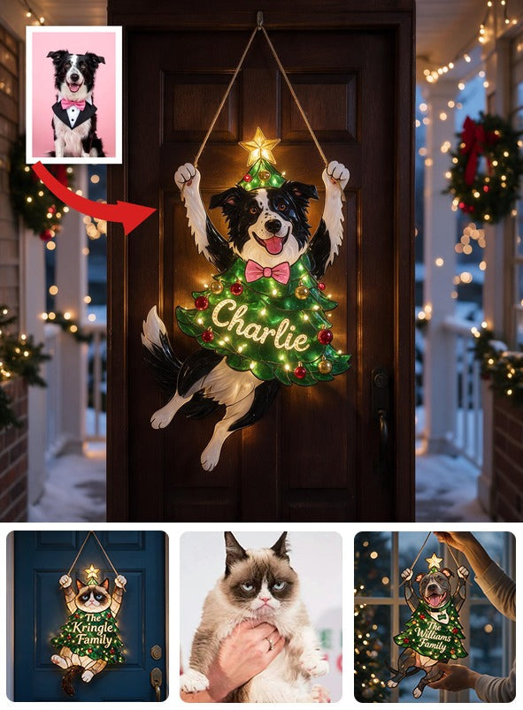 Personalisierte Schwarz-Weiß Border Collie Weihnachts-LED-Acrylschild, süßes Geschenk für Hundeliebhaber