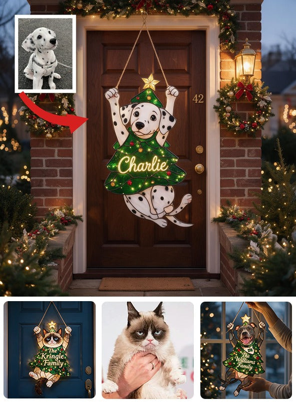 Joli panneau LED acrylique personnalisé Dalmation tacheté pour Noël, décoration de porte festive pour les amoureux des chiens