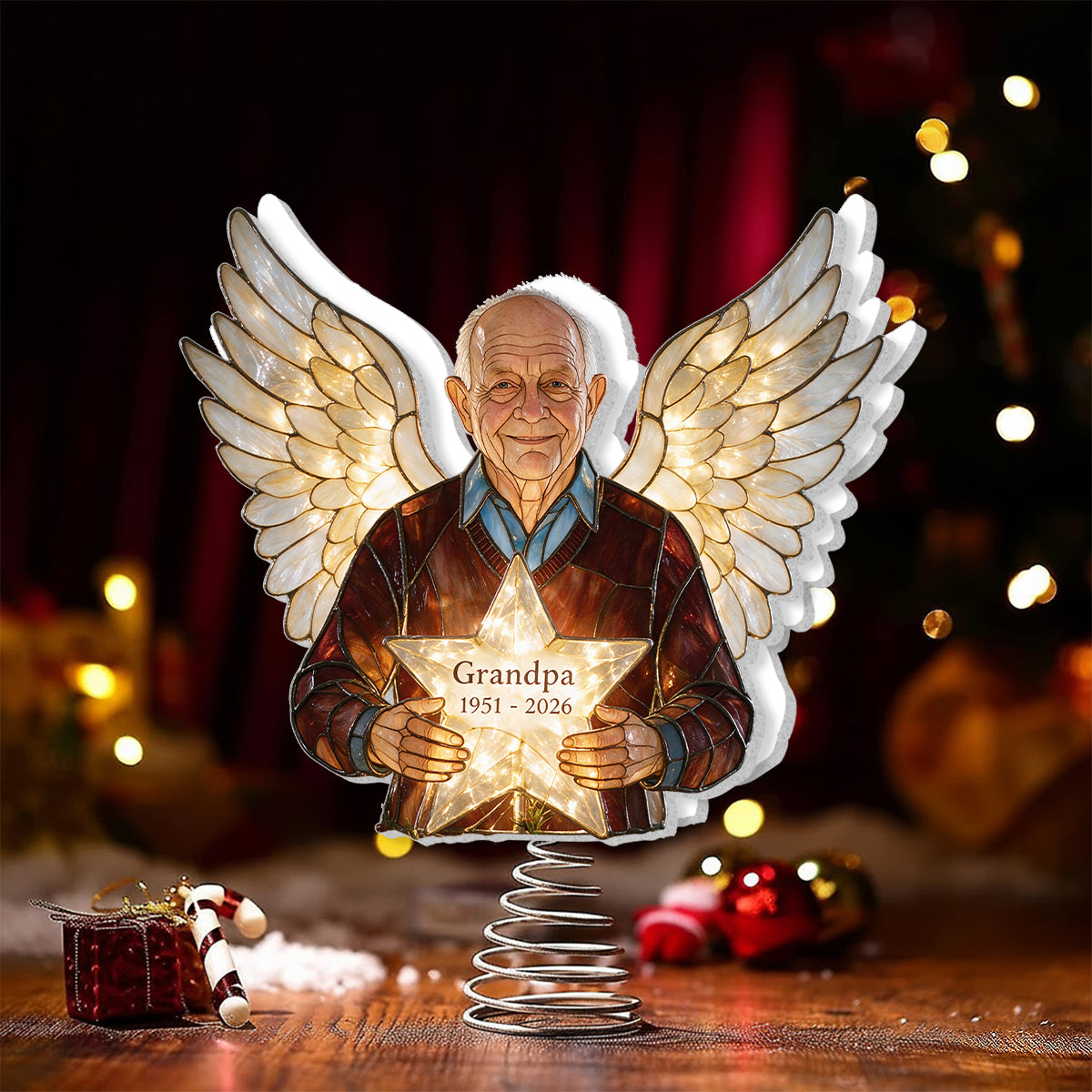 Personalized Grandma Memorial Angel LED Christmas Tree Topper - Stained Glass Remembrance Holiday Decor Gift