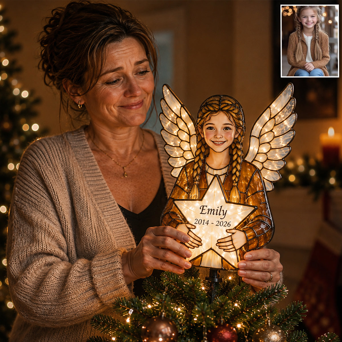 Personalized Black Grandpa Memorial Angel LED Light Christmas Tree Topper, Custom Remembrance Holiday Keepsake Decor
