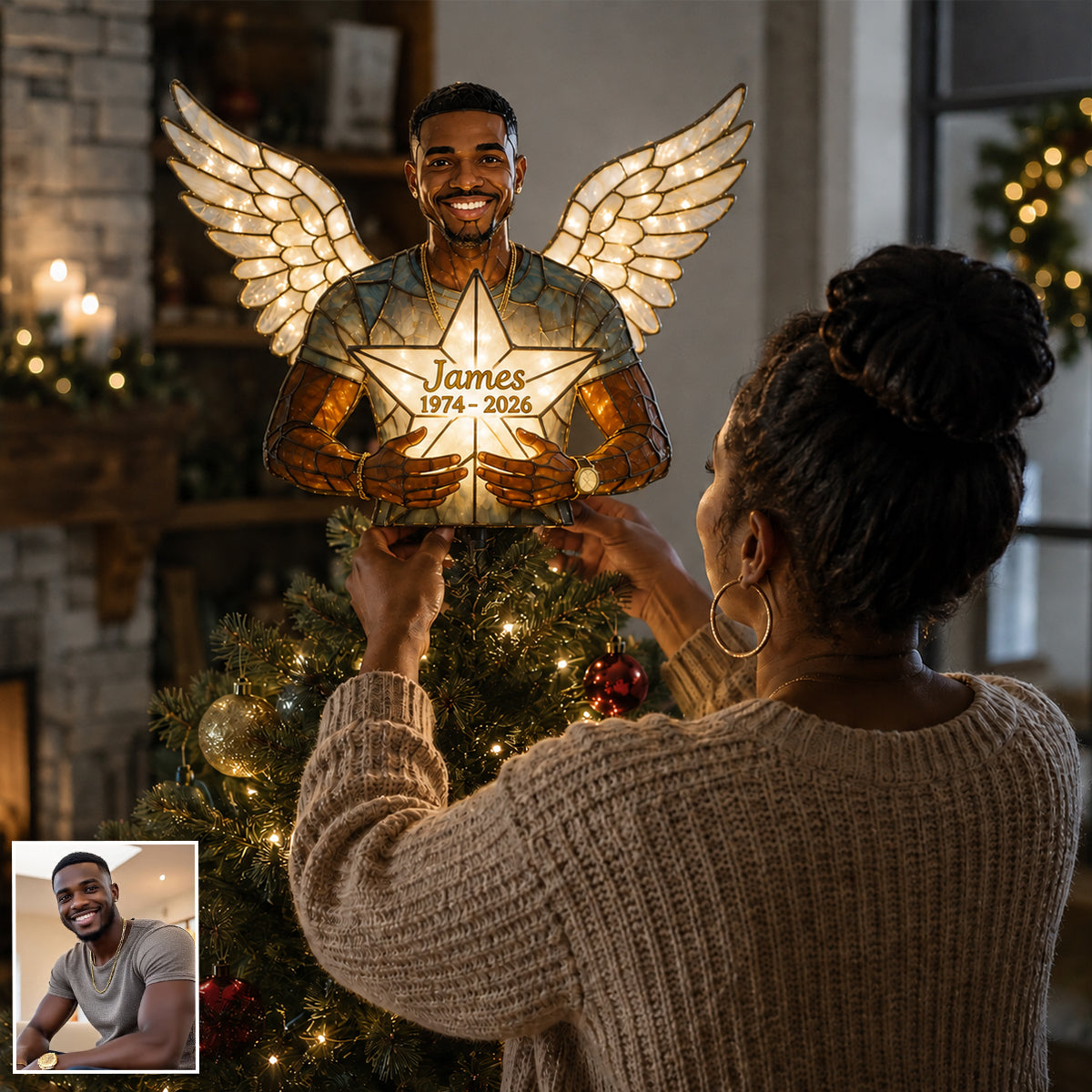 Personalized Black Grandpa Memorial Angel LED Light Christmas Tree Topper, Custom Remembrance Holiday Keepsake Decor