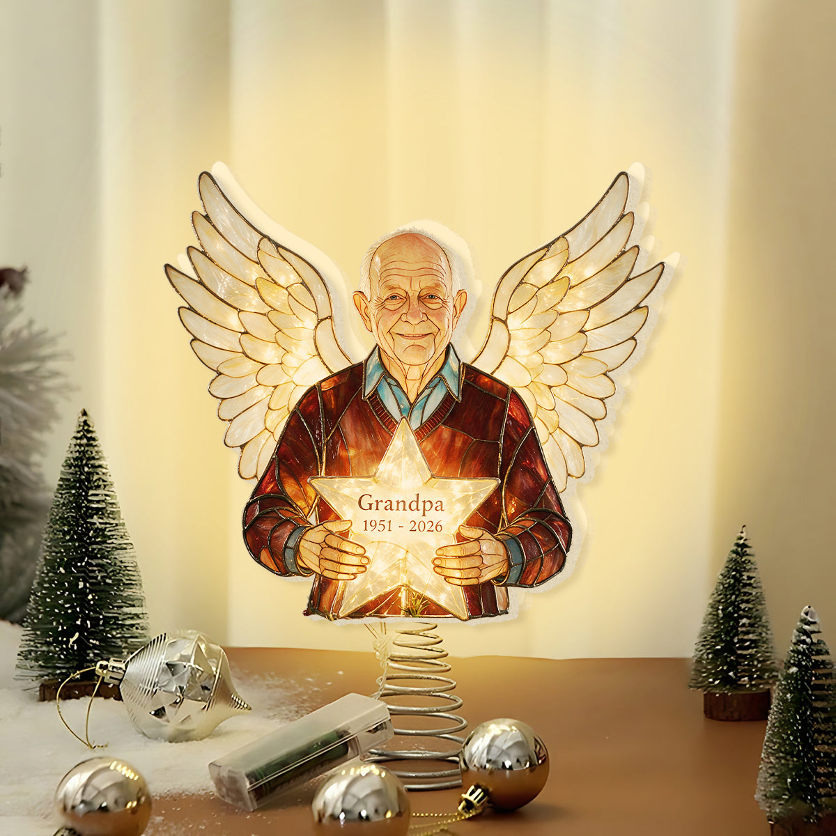 Personalized Latina Grandma Memorial Angel LED Christmas Tree Topper - Stained Glass Style Remembrance Holiday Keepsake Gift