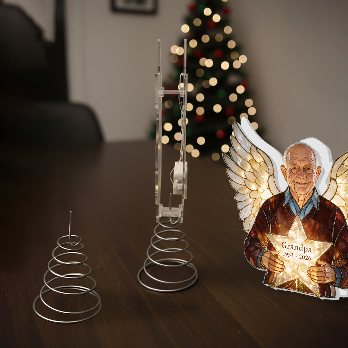 Personalized Latina Grandpa Memorial Angel LED Christmas Tree Topper, Custom Remembrance Holiday Keepsake Gift