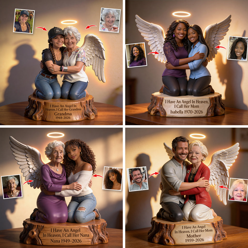 Personalized Hugging Black Angel Memorial Acrylic LED Night Light - Custom Sympathy Remembrance Keepsake Home Decor Gift