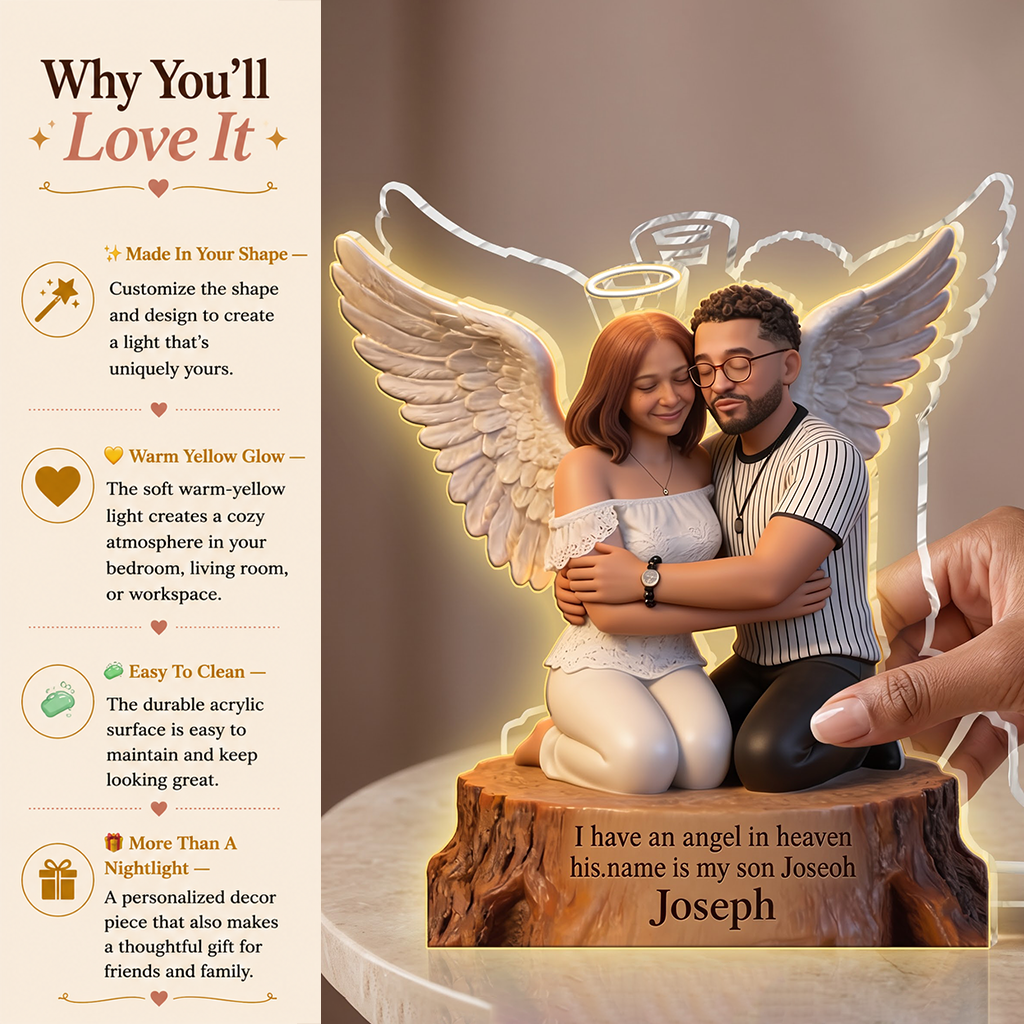 Personalized I Have An Angel In Heaven Memorial Acrylic LED Night Light, Guardian Angel Hugging Child Bereavement Keepsake Gift