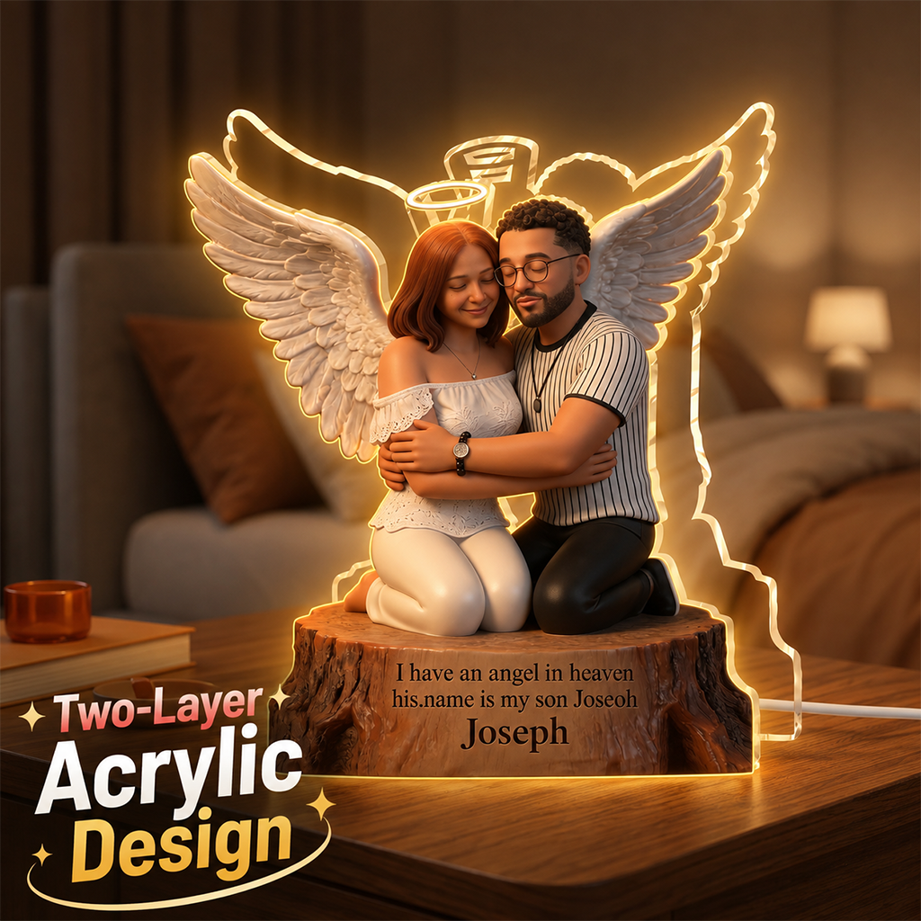 Personalized I Have An Angel In Heaven Memorial Acrylic LED Night Light, Guardian Angel Hugging Child Bereavement Keepsake Gift