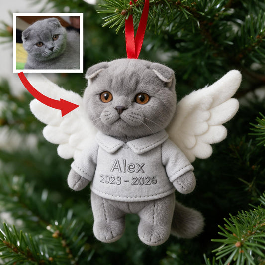 Ornement en Peluche Ange Chat British Shorthair Gris Personnalisé - Souvenir de Perte d'Animal
