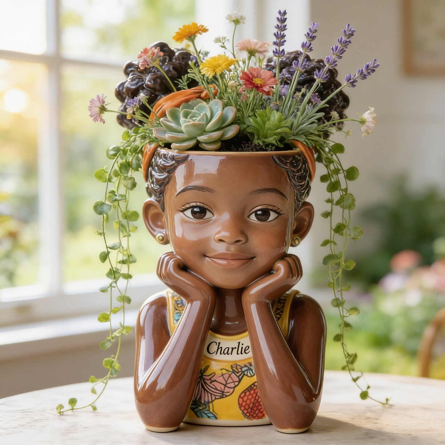 Personalized Custom Child Portrait Acrylic Planter Pot, Custom Name 5 Year Old Black Kid Face Vase for Home Decor and Thoughtful Gifting
