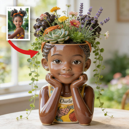Personalisierter Kindergesicht-Acryl-Blumentopf, 5 Jahre alter schwarzer Junge für Dekoration und Geschenke