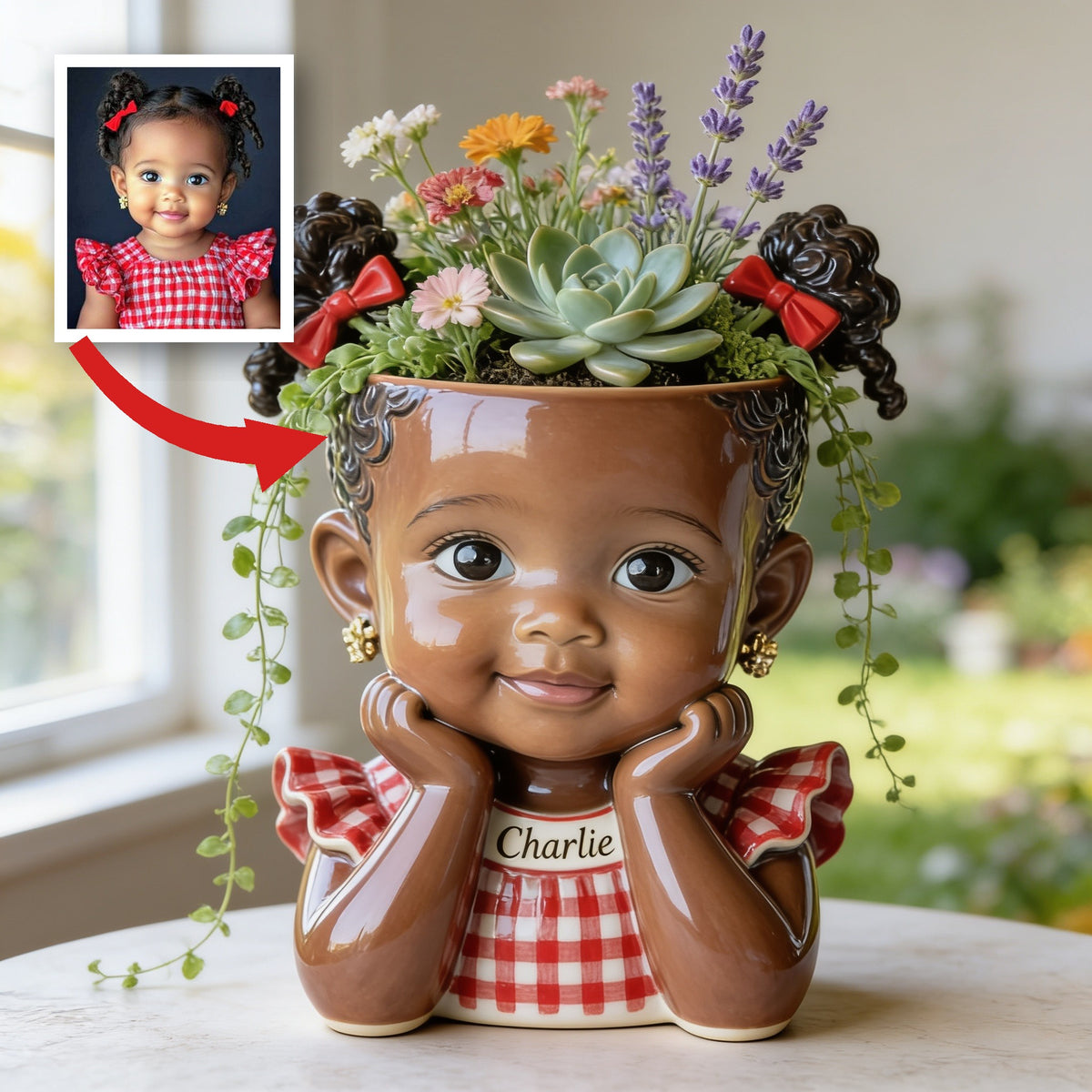 Custom Personalized Curly Haired Child Shaped Acrylic Planter Pot, Custom Name 2 Year Old Black Kid Flower Vase for Home Decor & Meaningful Gifting