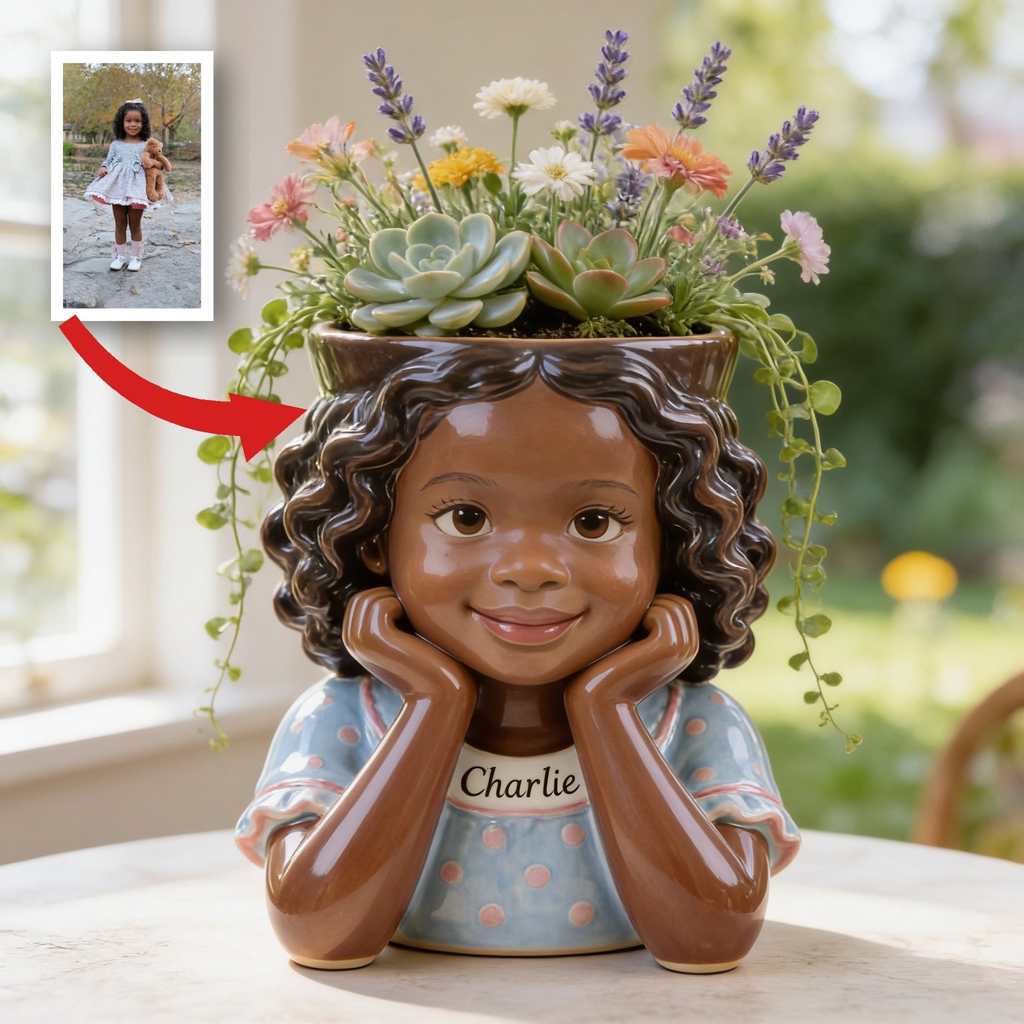 Custom Personalized Curly Haired Child Shaped Acrylic Planter Pot, Custom Name 4 Year Old Black Kid Flower Vase for Home Decor & Meaningful Gifting
