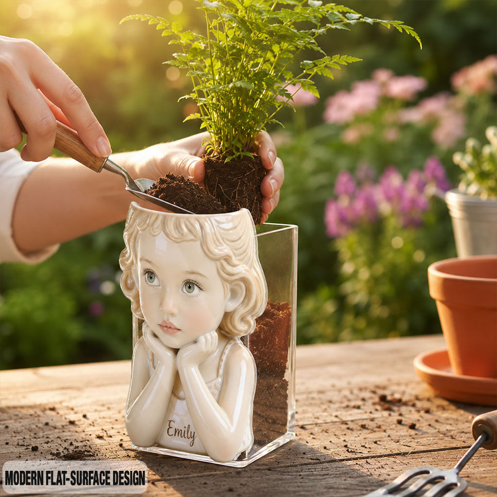 Custom Personalized Little Girl Shaped Acrylic Planter Pot, Cute 3 Year Old Kid Themed Home Decor Gift for Plant Lovers