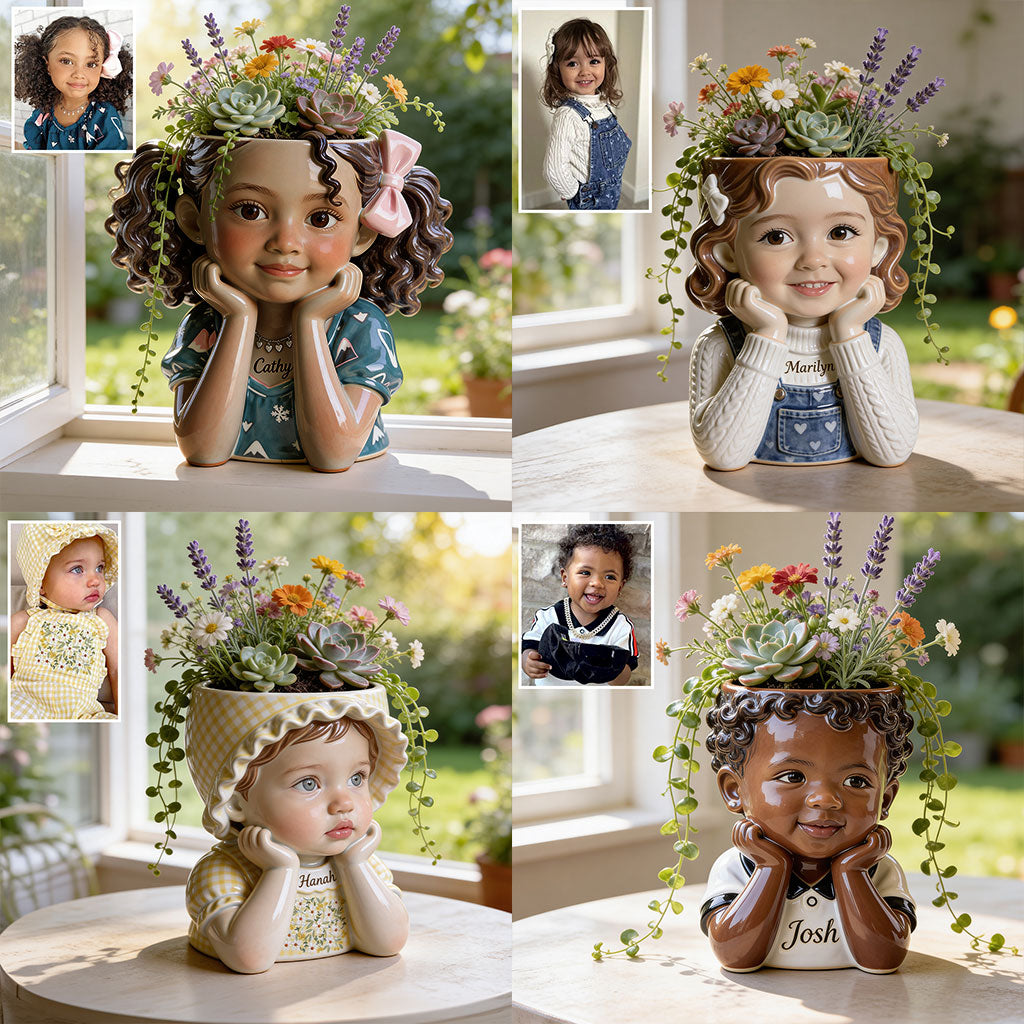 Custom Personalized Little Girl Shaped Acrylic Planter Pot, Cute 3 Year Old Kid Themed Home Decor Gift for Plant Lovers