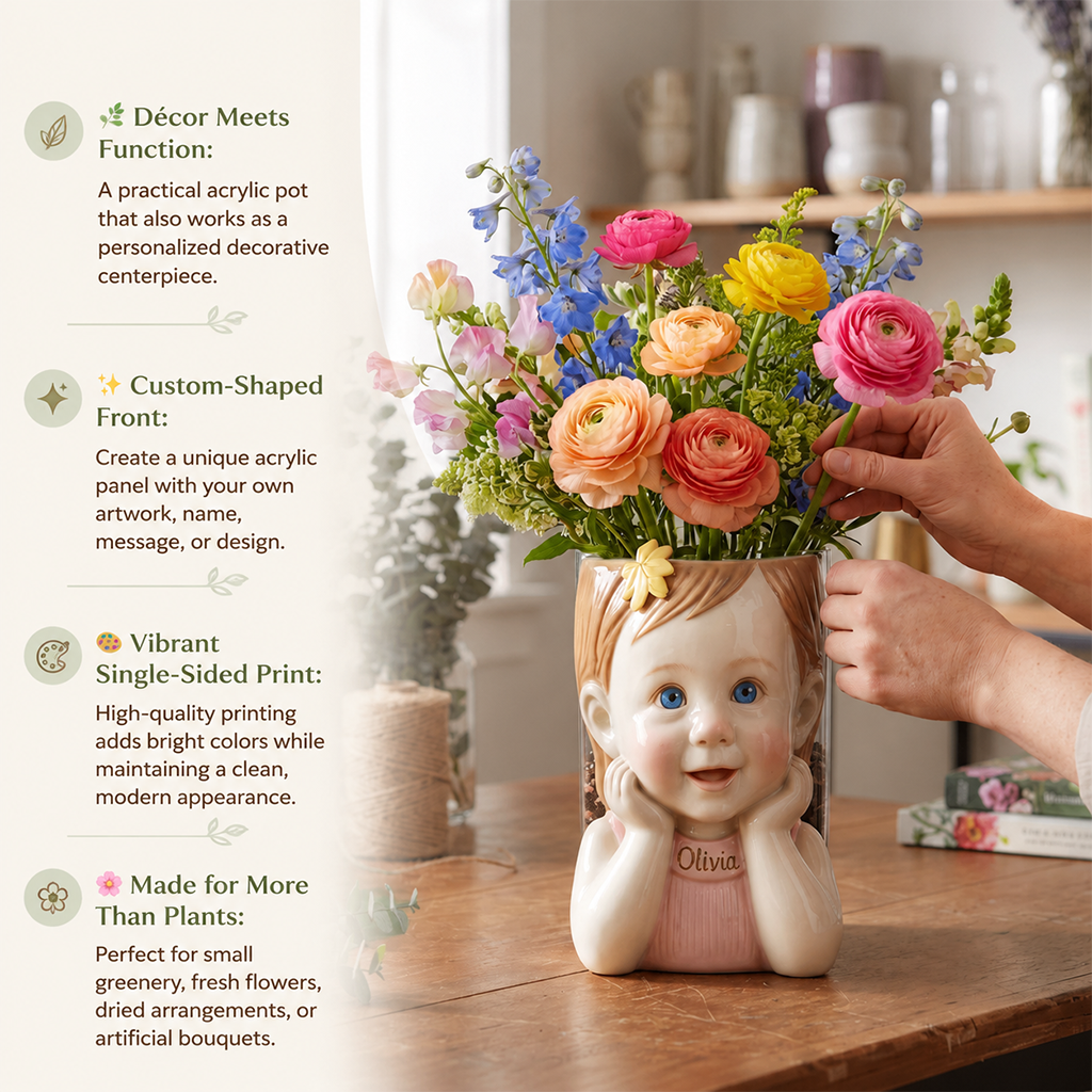 Custom Personalized Little Girl Shaped Acrylic Planter Pot, Cute 3 Year Old Kid Themed Home Decor Gift for Plant Lovers