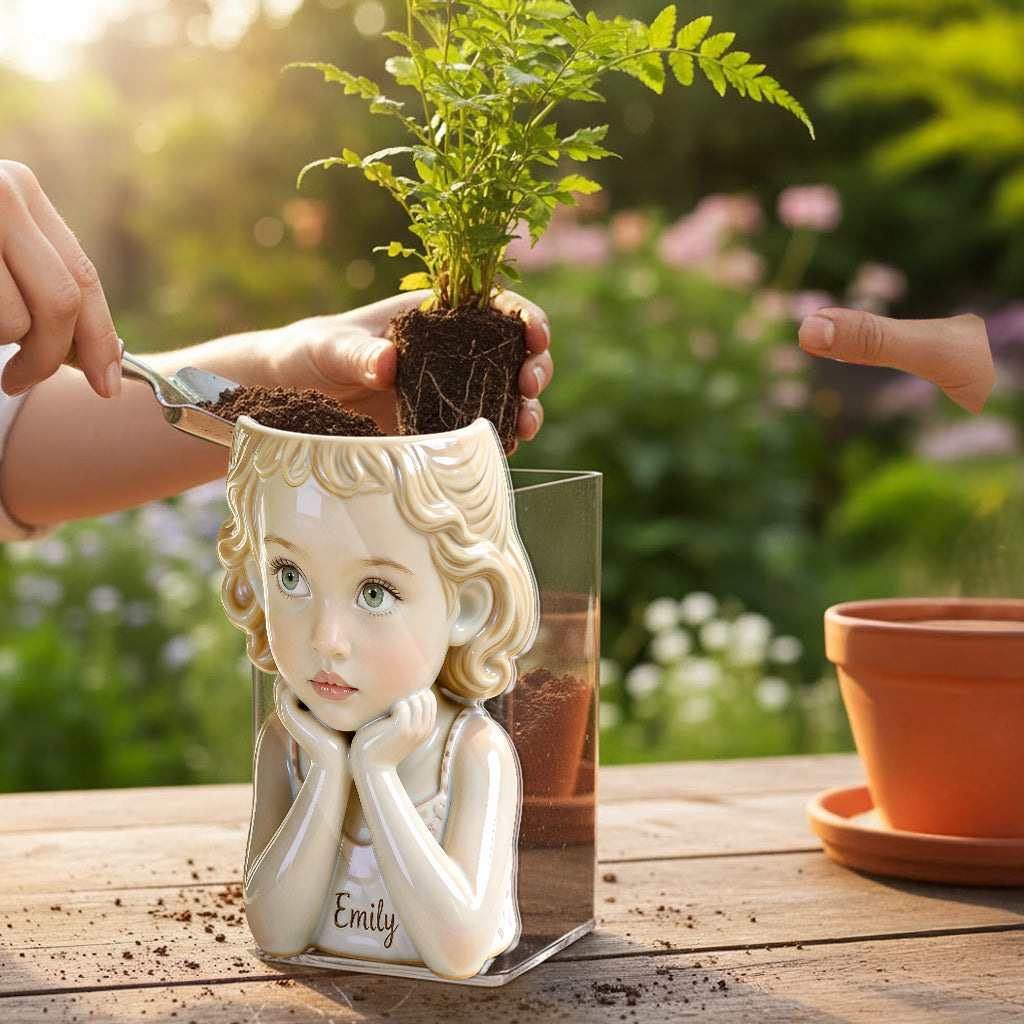 Custom Personalized Curly Haired Child Shaped Acrylic Planter Pot, Custom Name 4 Year Old Black Kid Flower Vase for Home Decor & Meaningful Gifting