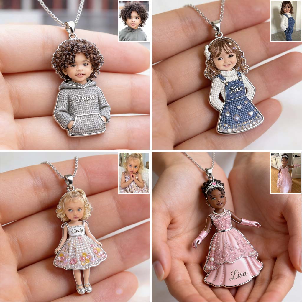 Custom 3D Kid Shaped Rhinestone Inlaid Pendant Necklace Personalized Photo Name Keepsake Gift for 3 Year Old Girl Kid