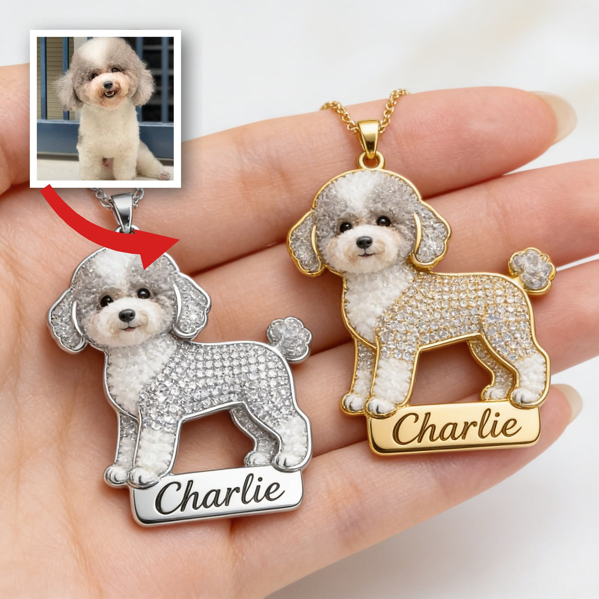 Personalized Sparkling Parti Poodle Custom Name Metal Pendant Necklace, Gift for Poodle Owners and Dog Lovers