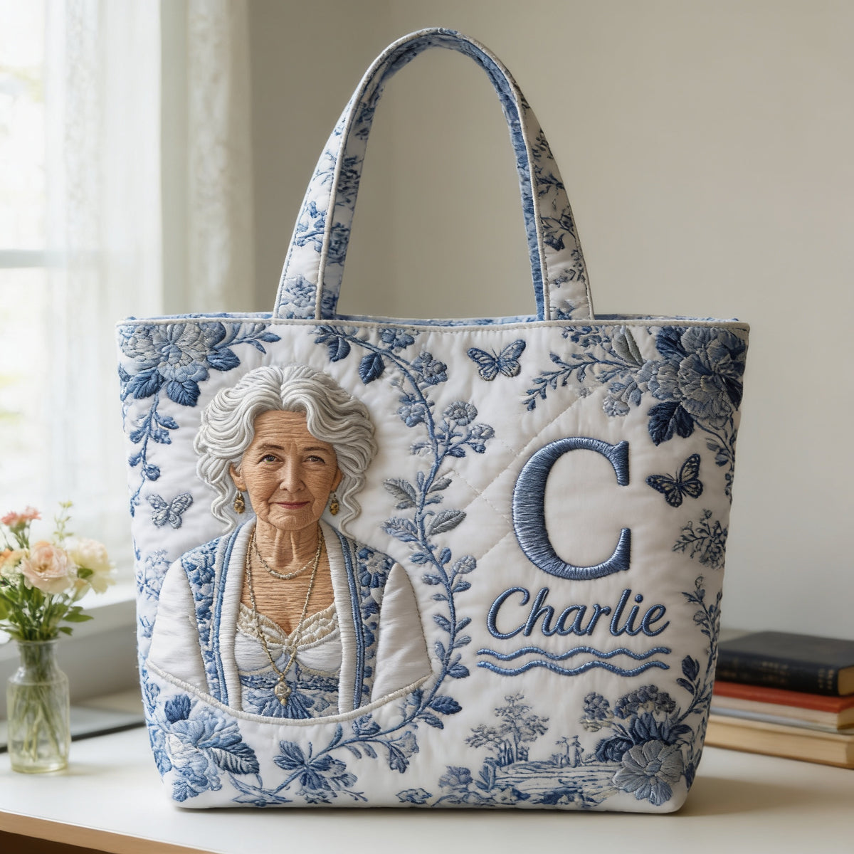 Custom Embroidered Latina Woman Portrait Quilted Tote Bag, Personalized Name Sentimental Gift for Grandma for Everyday Use