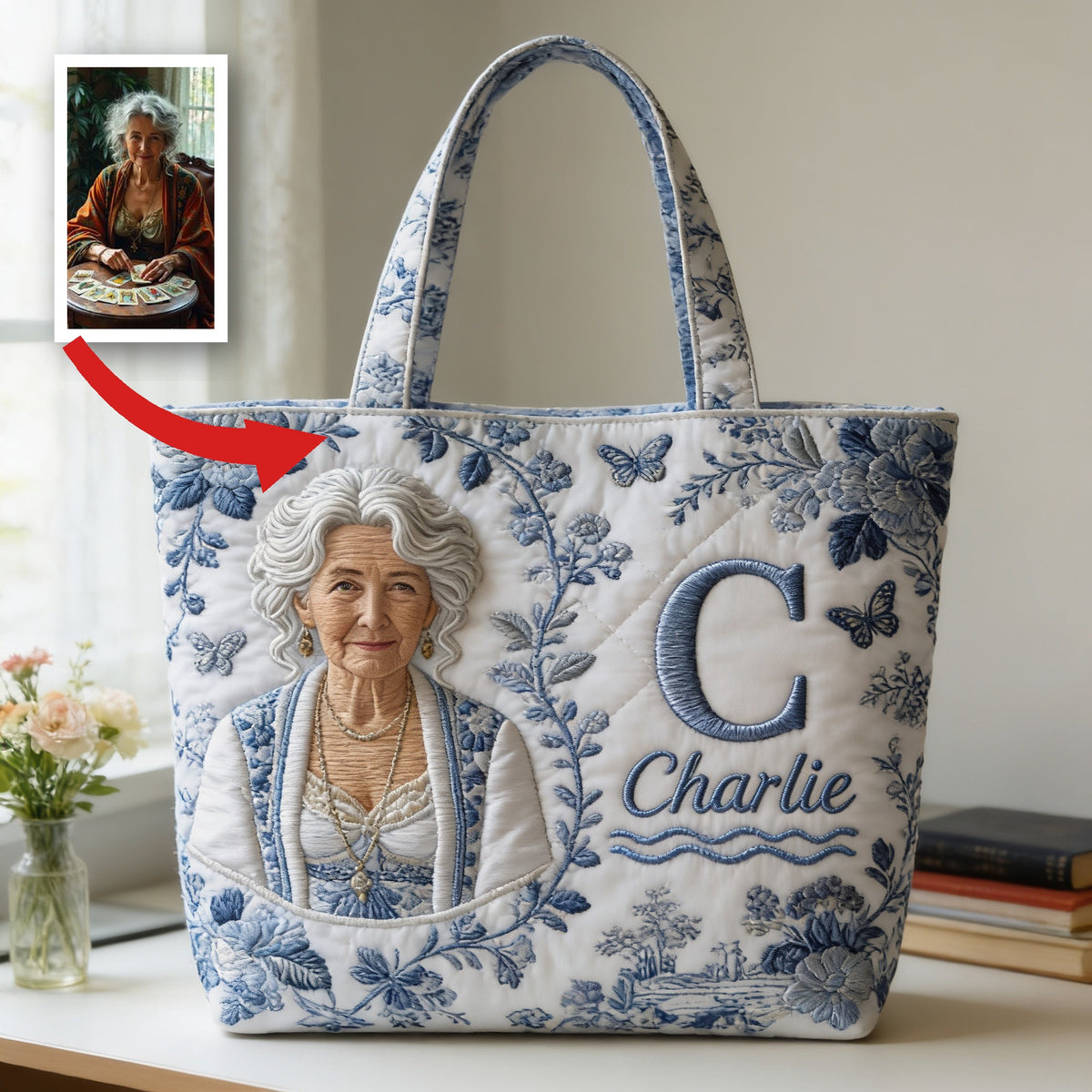 Custom Embroidered Latina Woman Portrait Quilted Tote Bag, Personalized Name Sentimental Gift for Grandma for Everyday Use