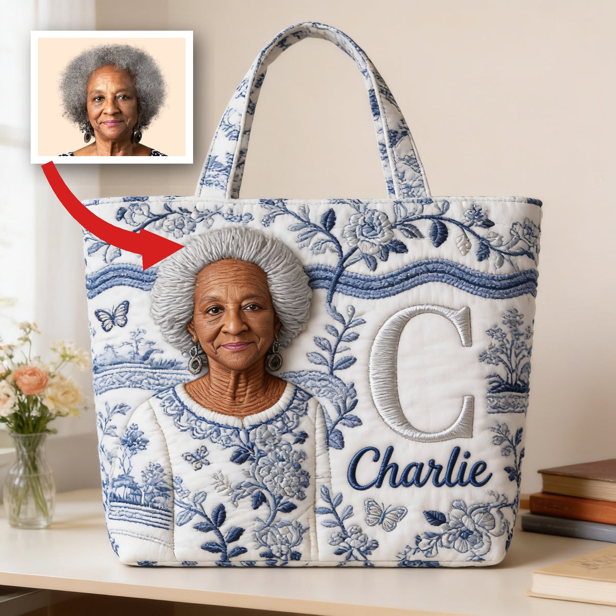 Personalized 3D Embroidered Older Black Woman Portrait Quilted Tote Bag, Custom Monogram Name Gift for Grandma Everyday Use