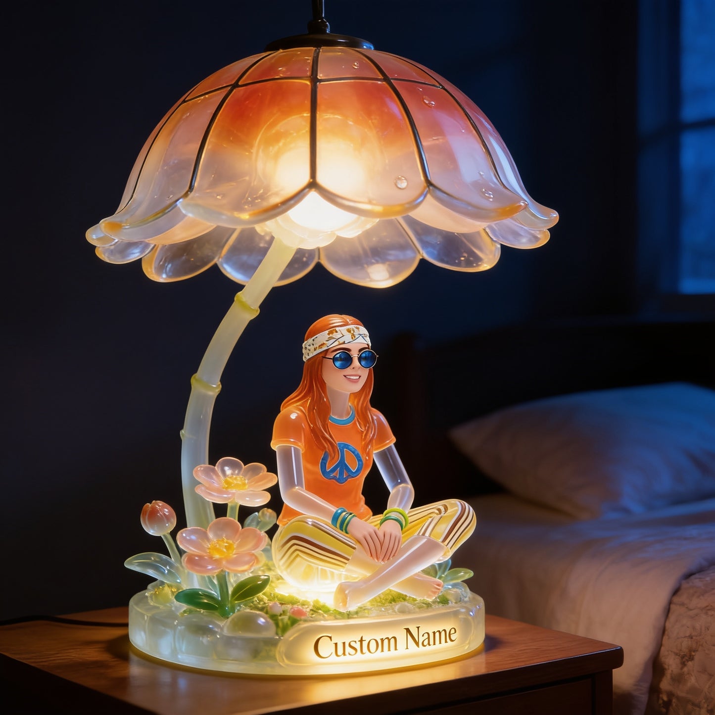 Personalized Hippie Peace Sign Woman Acrylic LED Night Light Custom Name Self Love Bedroom Decor Gift