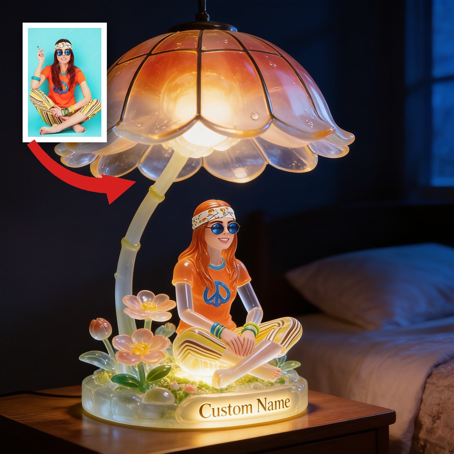 Personalized Hippie Peace Sign Woman Acrylic LED Night Light Custom Name Self Love Bedroom Decor Gift