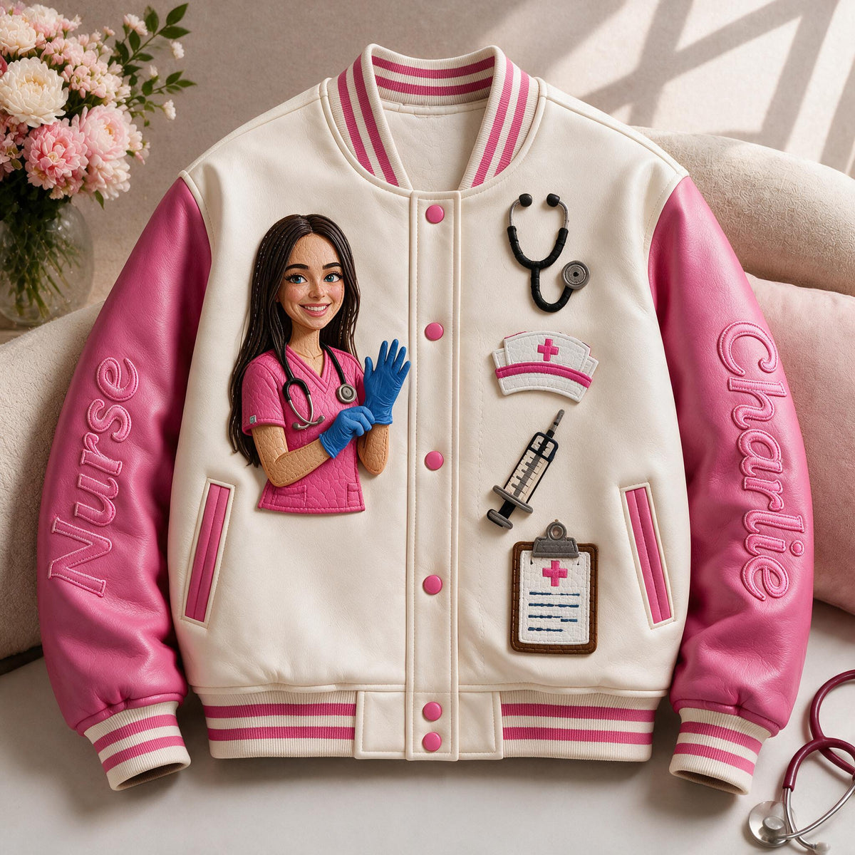 Personalized Nurse Varsity Jacket Cute Embroidered RN Design Perfect Appreciation Gift For Healthcare Nursing Staff