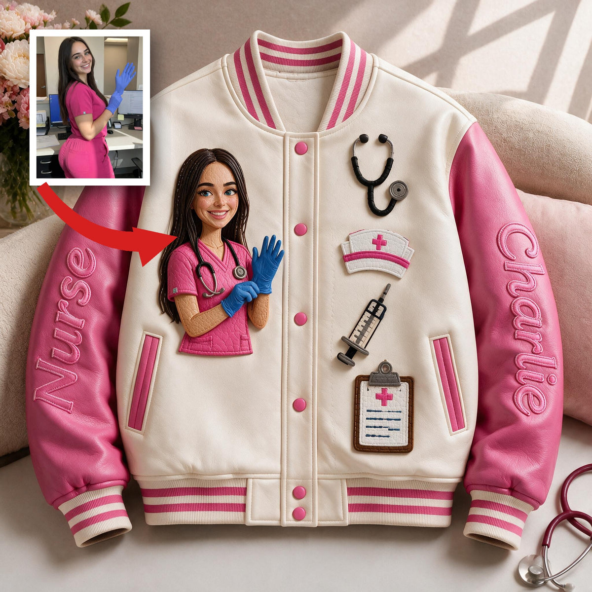 Personalized Nurse Varsity Jacket Cute Embroidered RN Design Perfect Appreciation Gift For Healthcare Nursing Staff