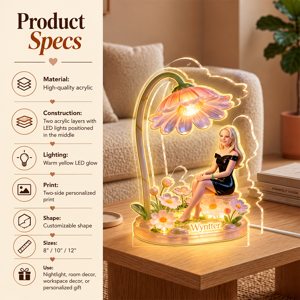 Personalized Smiling Latina Woman Acrylic LED Night Light, Custom Name Sentimental Gift for Grandma Bedroom Home Decor