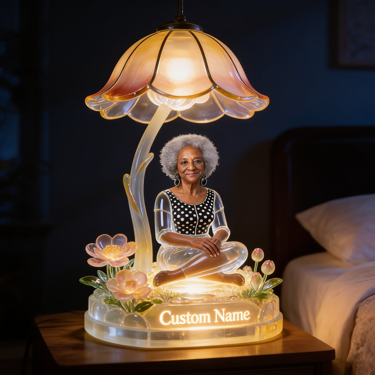 Custom Name Personalized Elderly Gray Haired Black Grandma Acrylic LED Night Light, Sentimental Keepsake Home Decor Gift