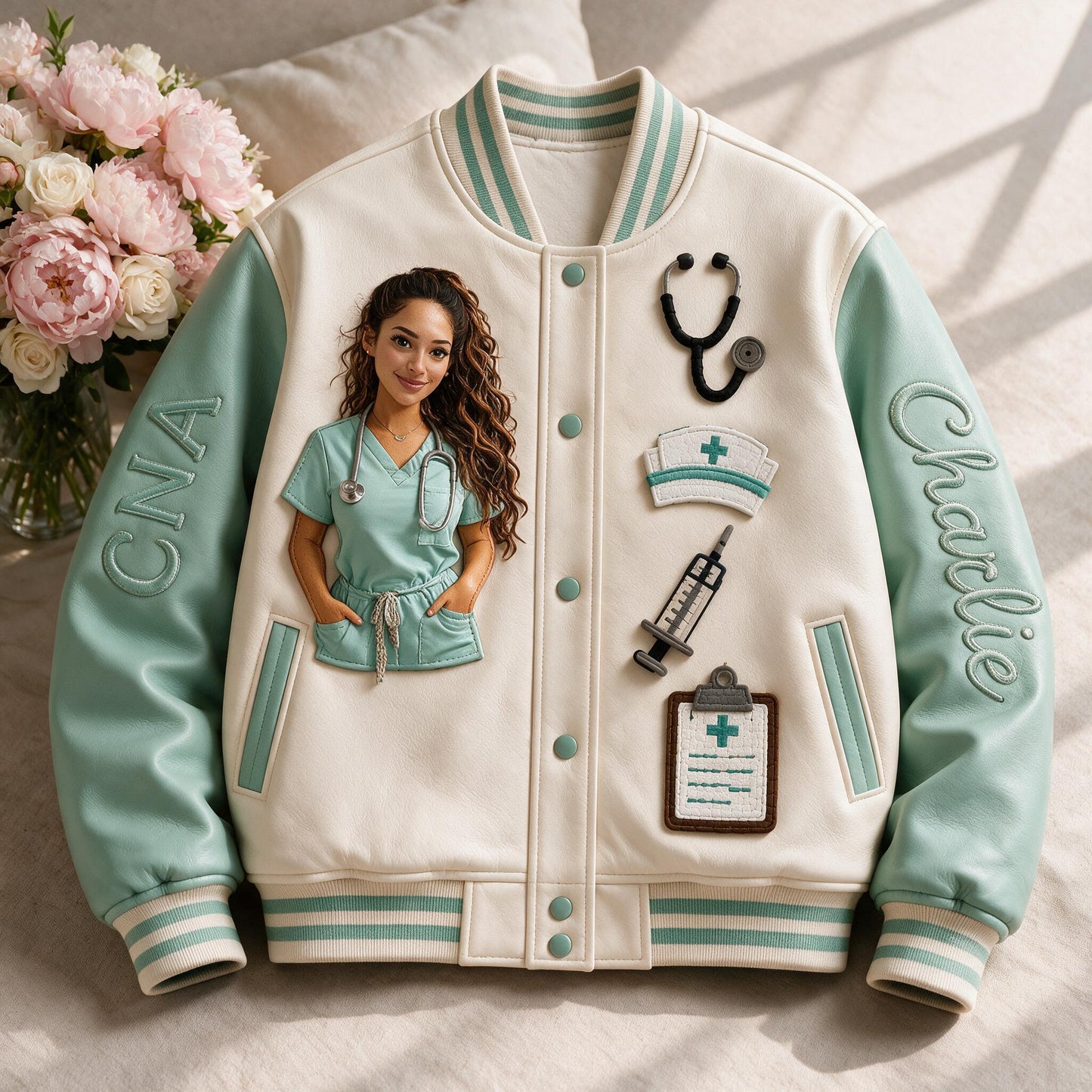 Personalized Embroidered Latina CNA Nurse Varsity Jacket, Thoughtful Appreciation Gift for Healthcare Nursing Staff