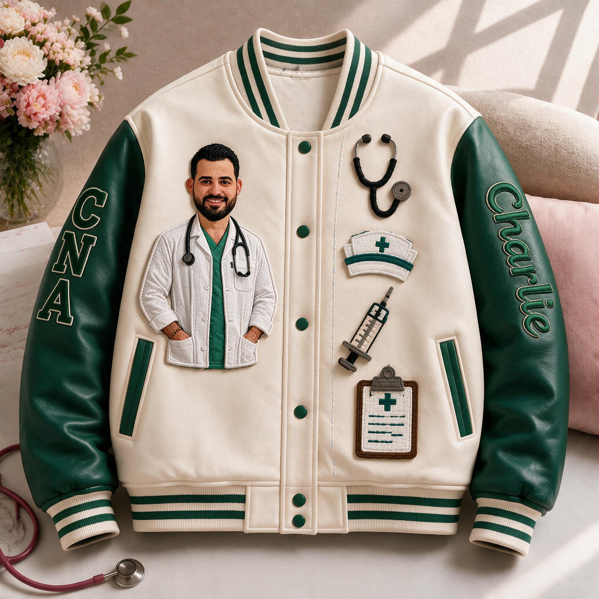 Personalized Male Nurse CNA Varsity Jacket, Custom Embroidered Healthcare Worker Appreciation Gift For Nursing Staff