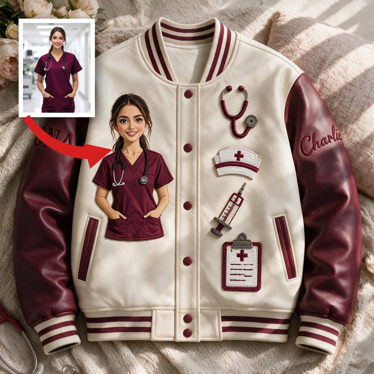 Personalized Embroidered Nurse Varsity Jacket, Custom CNA Appreciation Gift For Nurses, Nursing Graduation Casual Outerwear