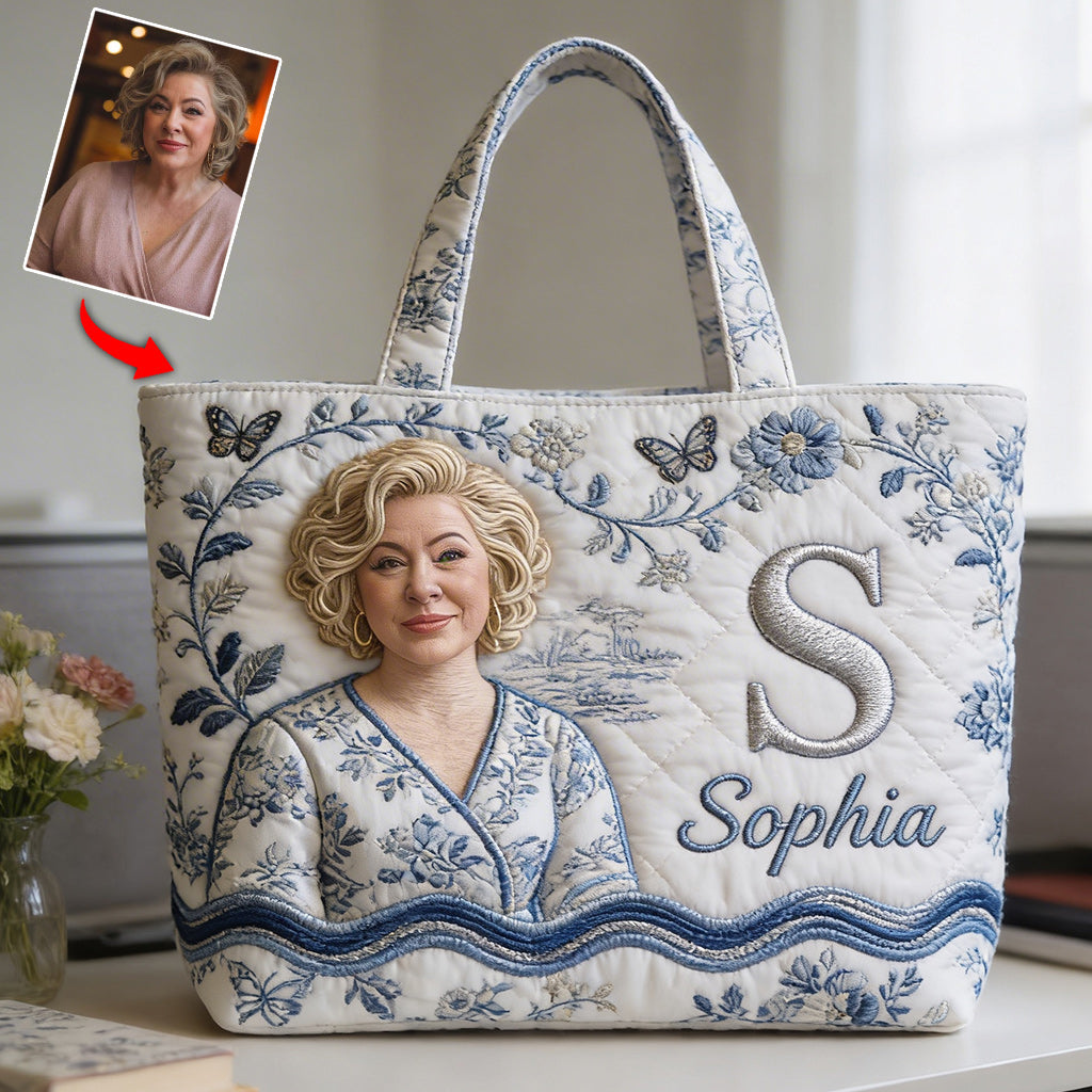 Custom Embroidered Latina Woman Portrait Quilted Tote Bag, Personalized Name Sentimental Gift for Grandma for Everyday Use