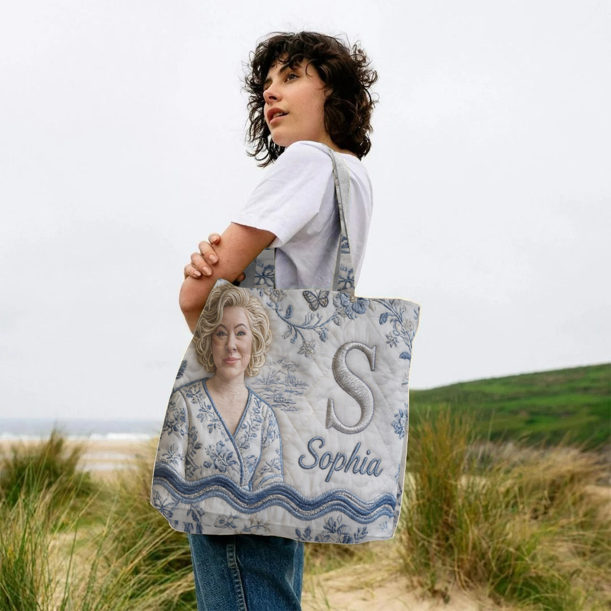 Custom Embroidered Older Woman Portrait Quilted Tote Bag, Personalized Monogrammed Grandma Gift for Everyday Use