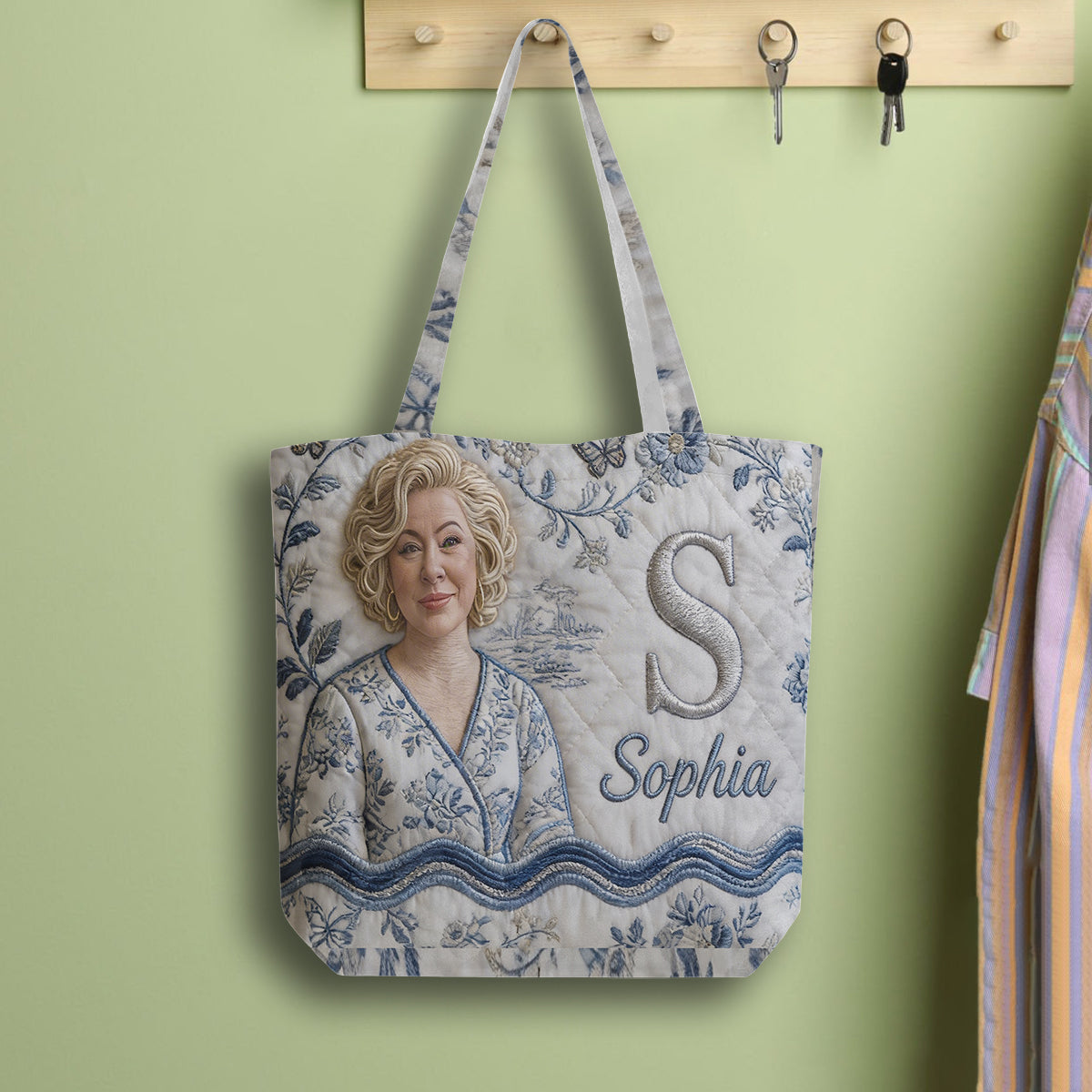 Personalized 3D Embroidered Older Black Woman Portrait Quilted Tote Bag, Custom Monogram Name Gift for Grandma Everyday Use