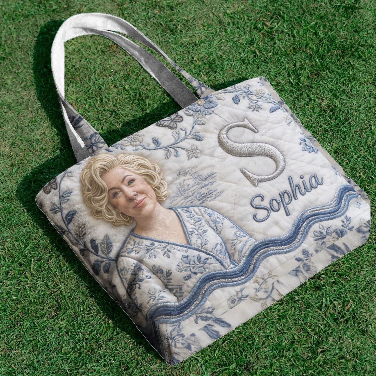 Personalized 3D Embroidered Older Black Woman Portrait Quilted Tote Bag, Custom Monogram Name Gift for Grandma Everyday Use