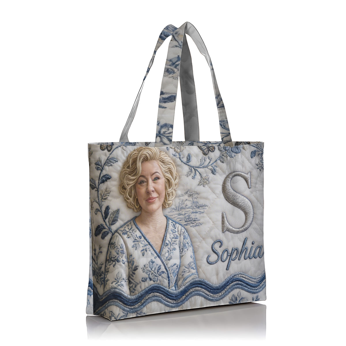 Personalized 3D Embroidered Older Black Woman Portrait Quilted Tote Bag, Custom Monogram Name Gift for Grandma Everyday Use